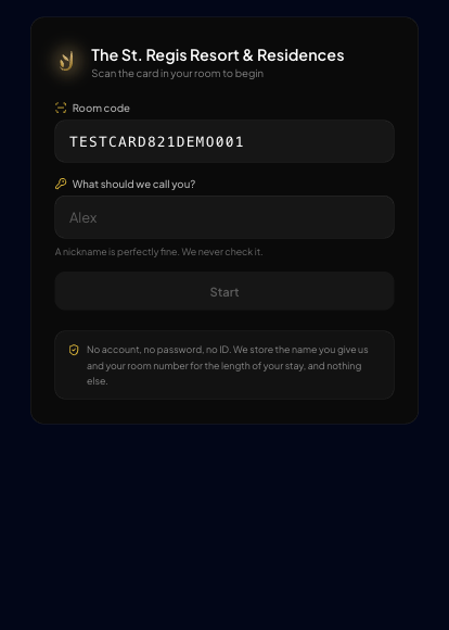 The guest entry screen: room code, a name field, and a line explaining what is stored