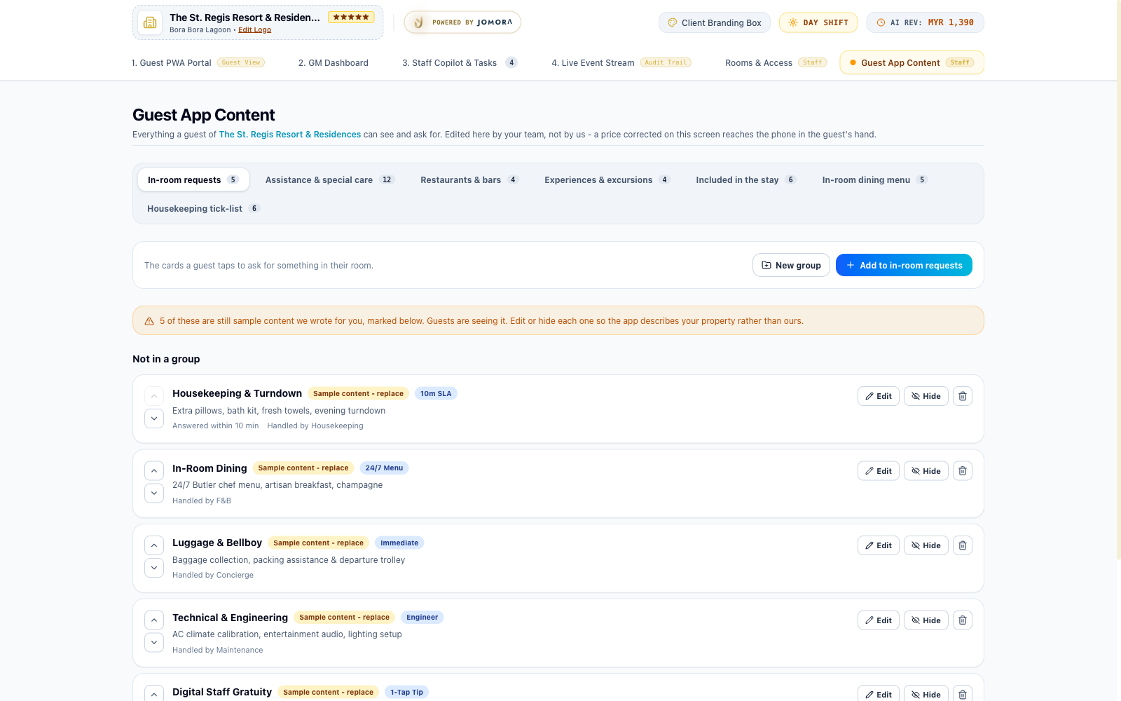 The Guest App Content editor showing editable items with edit, hide and delete controls