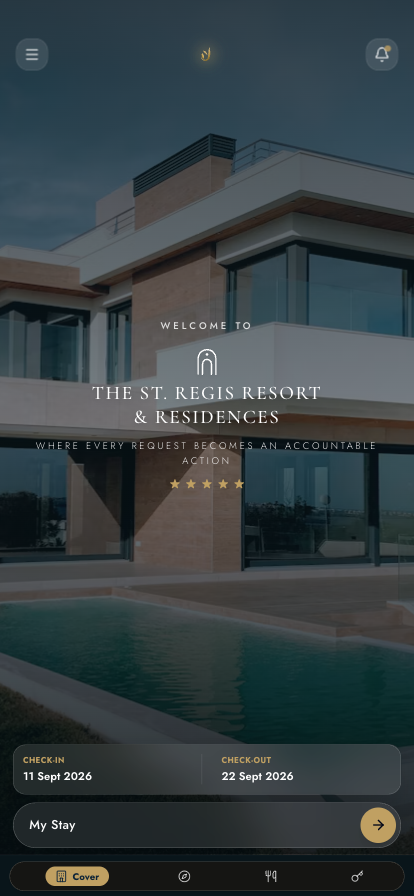 The guest home screen showing the property name and real check-in and check-out dates
