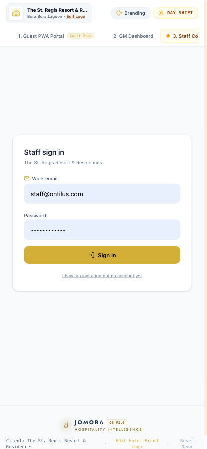 The staff sign-in screen with work email and password
