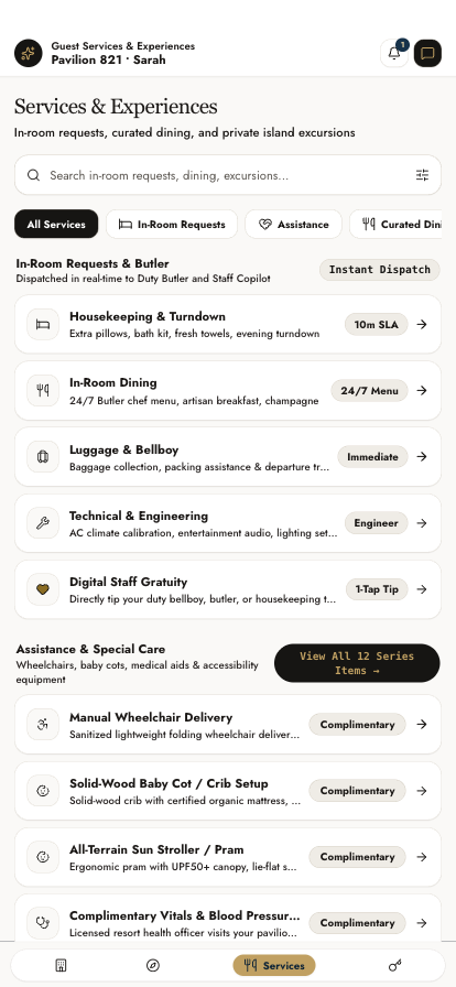 The services and dining screen with request cards
