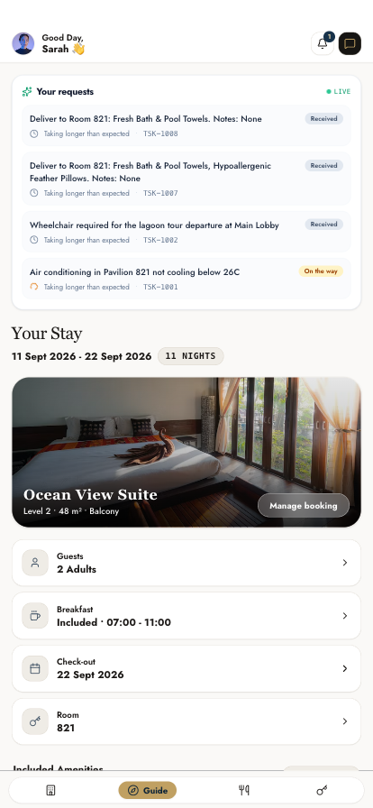 The stay guide showing the guest's live request tracker above their stay details
