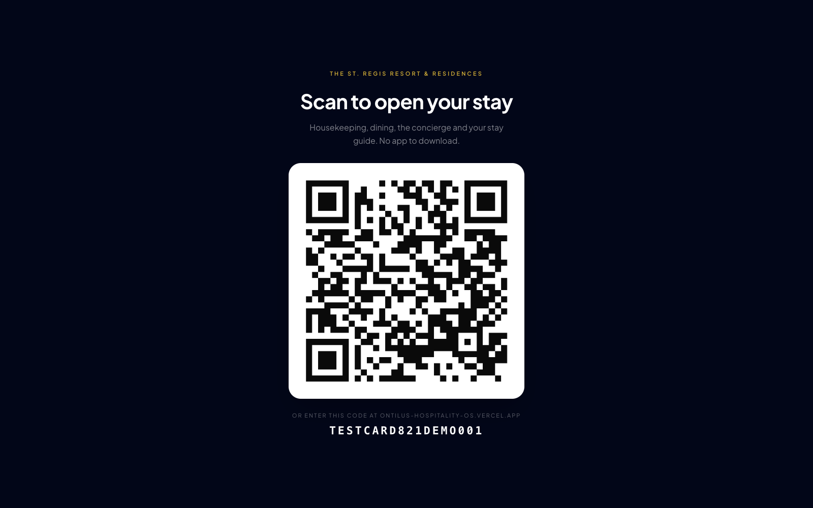 The lobby display: property name, a large QR code and the typed code beneath it